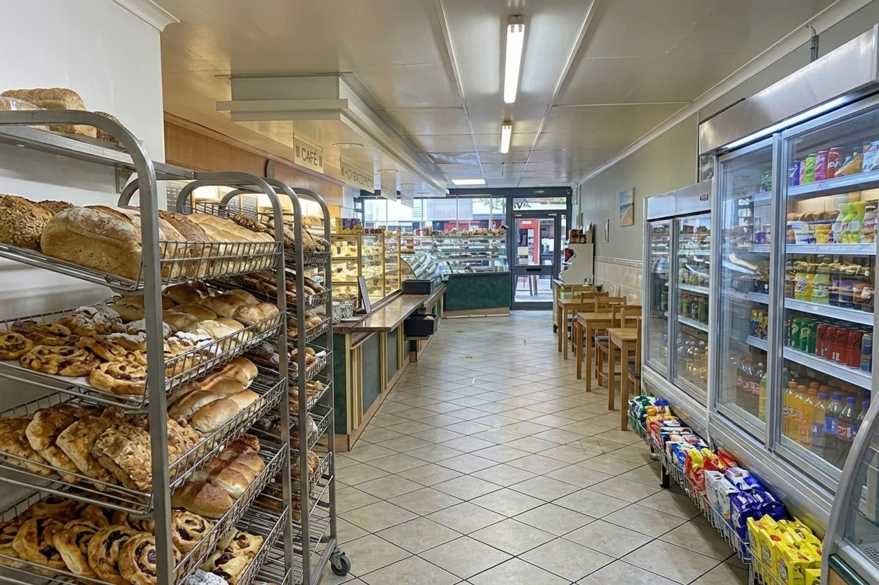 Looking through the Heils Bakery shop towards the counter and café seating