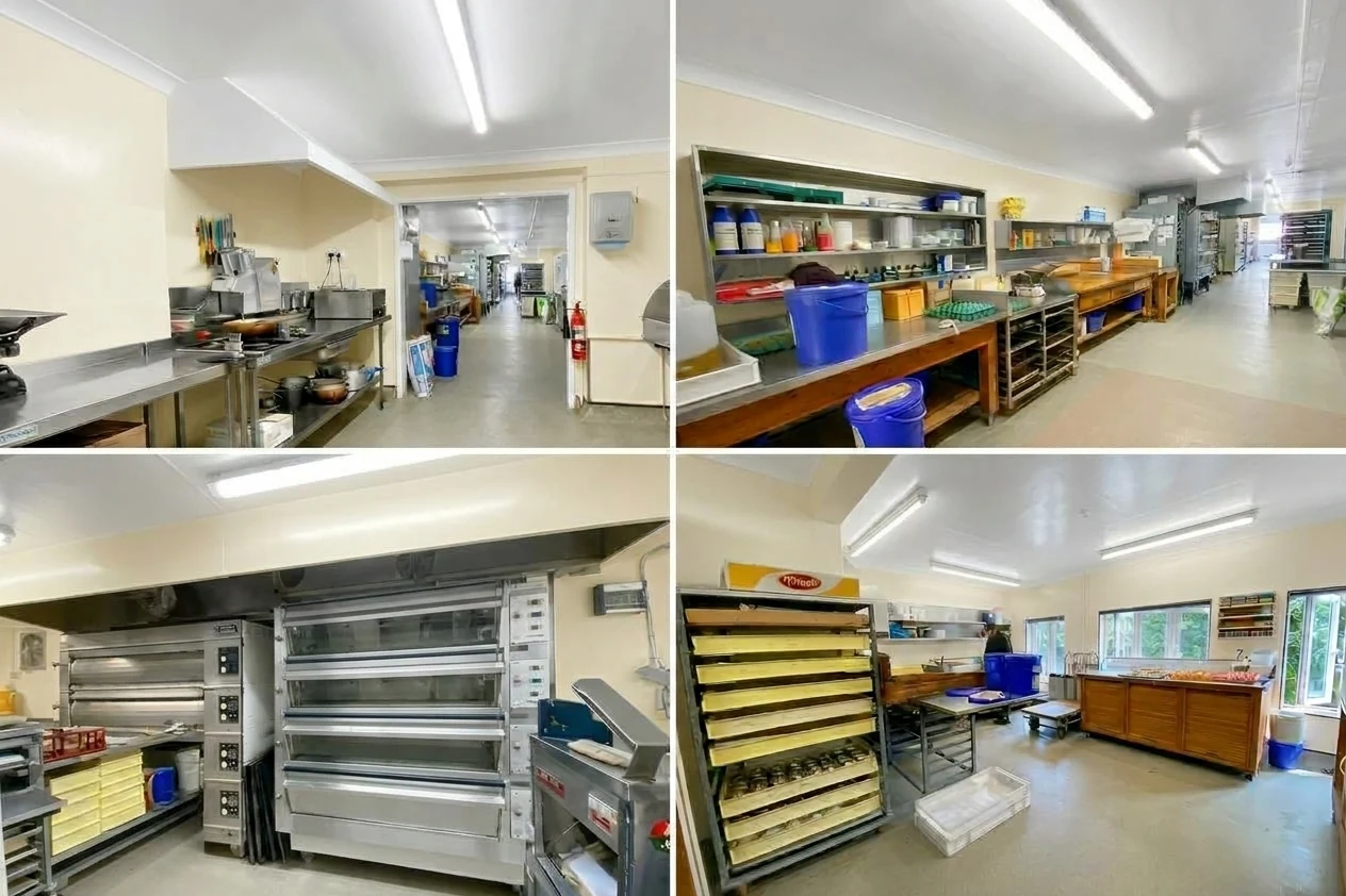 Four views behind the counter, showing Heils Bakery’s kitchen prep stations, work benches and ovens