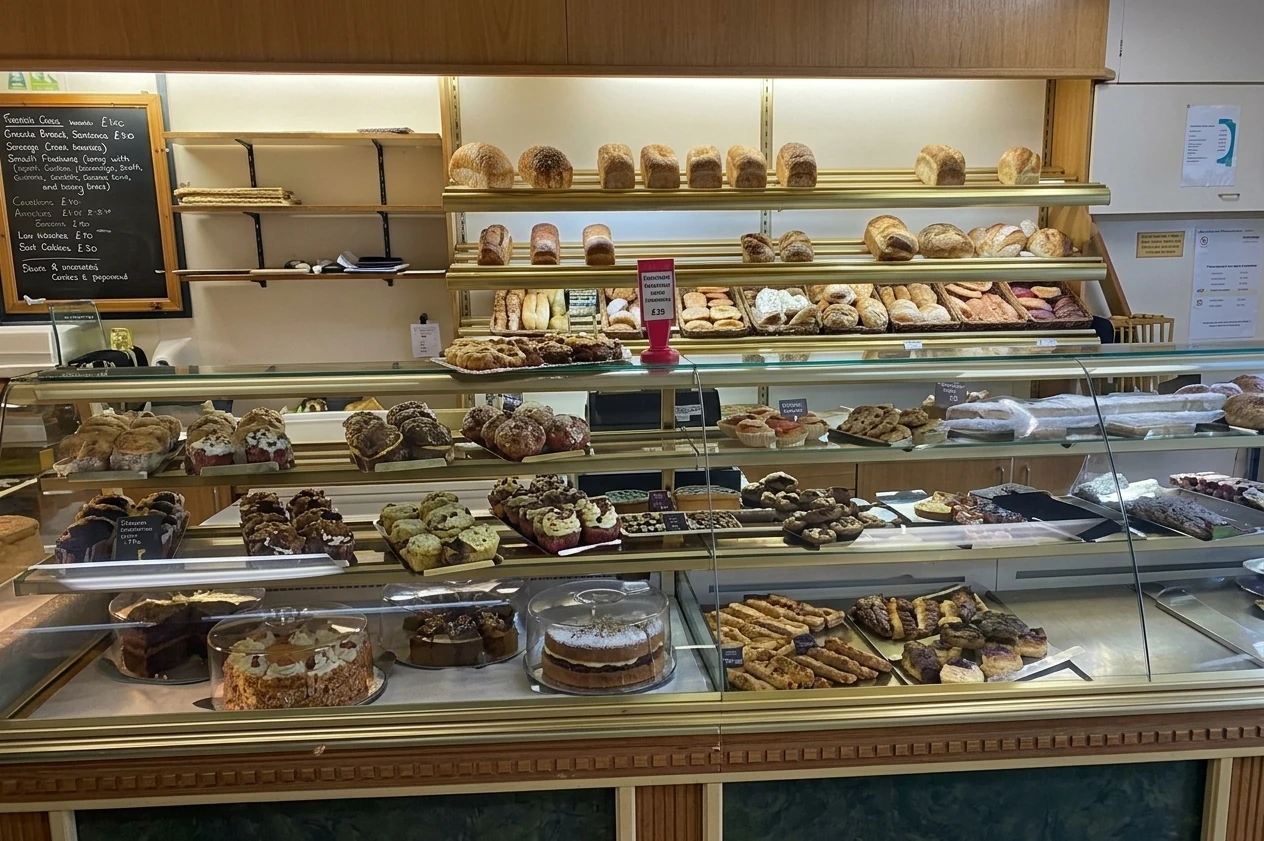 Fresh breads, pastries and cakes in Heils Bakery’s multi-tiered display case